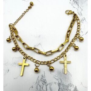 New Stainless Steel Cross Charm Layered Bracelet Gold Multi Strand 6.5–8.5"